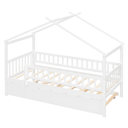 Twin size wooden house bed with trundle, solid wood frame, platform design, from Start2Finish furniture collection.