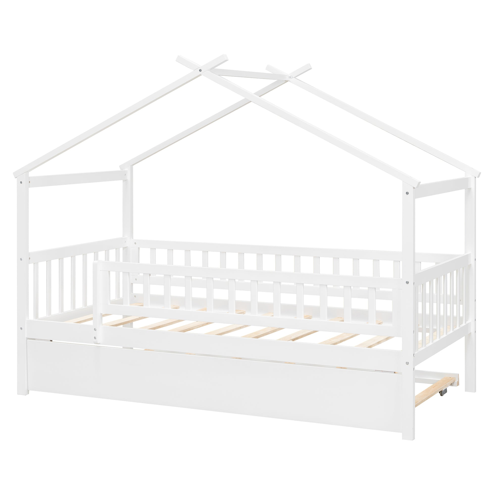 Twin size wooden house bed with trundle, solid wood frame, platform design, featuring a cozy house-shaped headboard.