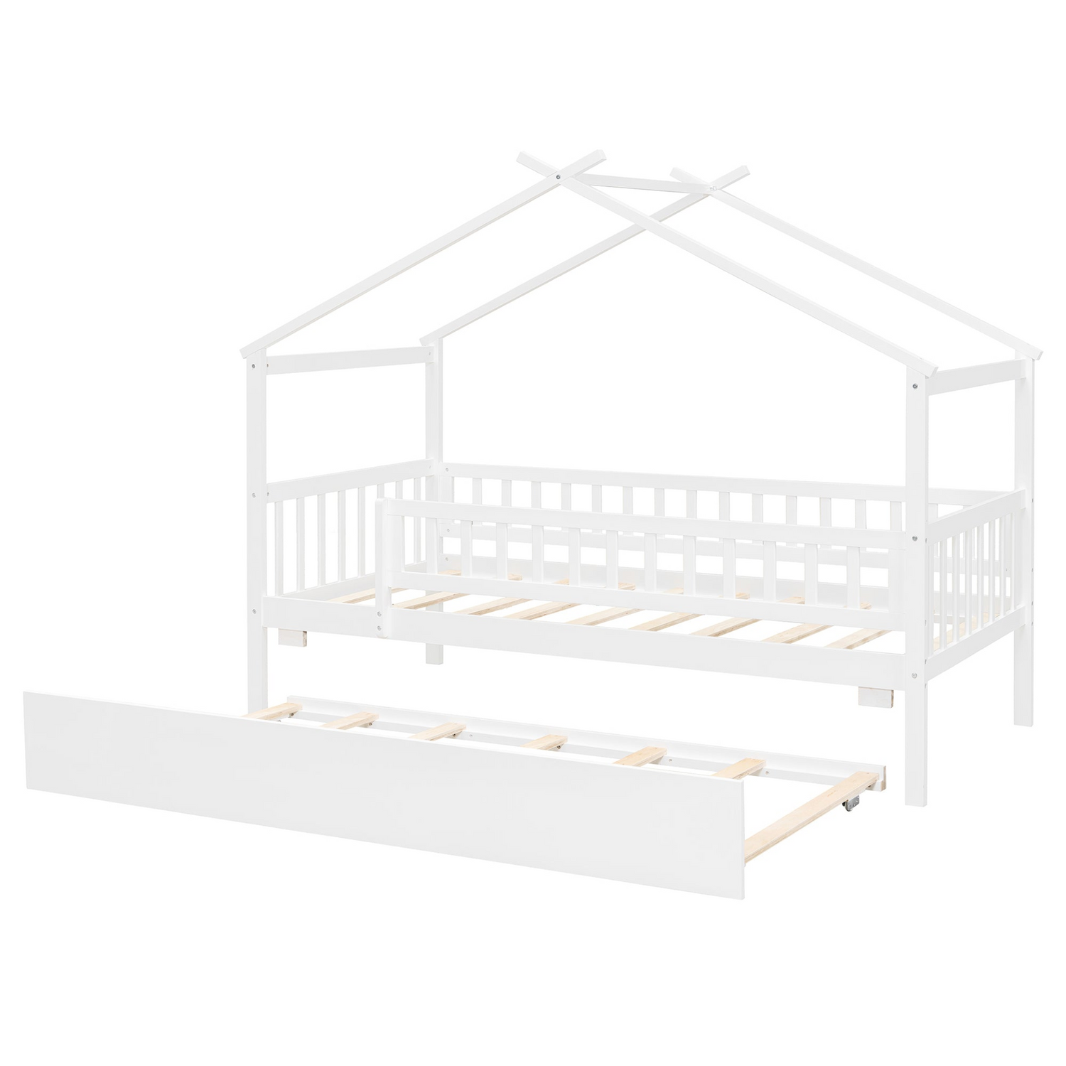 Twin size wooden house bed with trundle, solid wood frame, platform design, perfect for children&