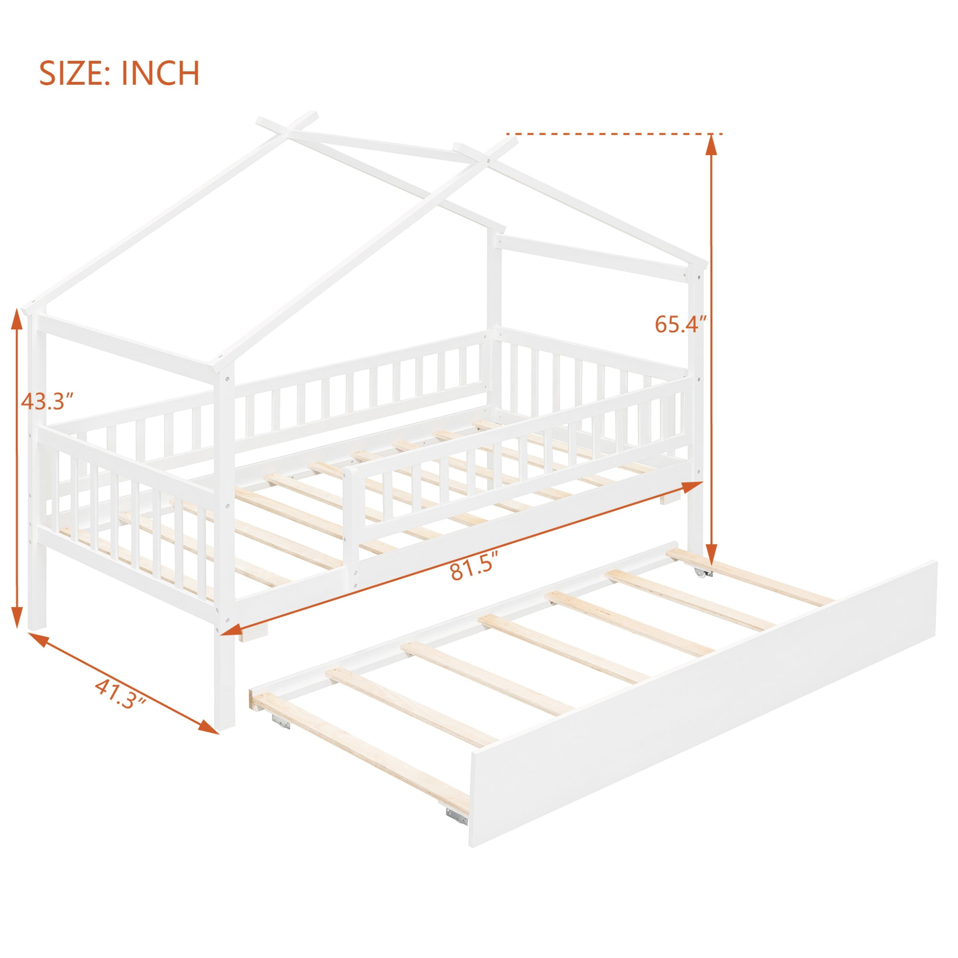 Twin size wooden house bed with trundle, solid wood frame and platform design, ideal for children&