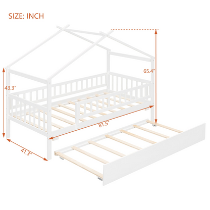 Twin size wooden house bed with trundle, solid wood frame and platform design, ideal for children&