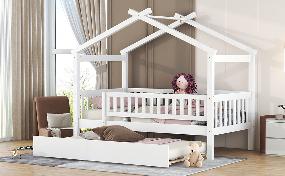 Twin size wooden house bed with trundle, solid wood frame, platform design, featuring a cozy house-shaped headboard and natural finish.