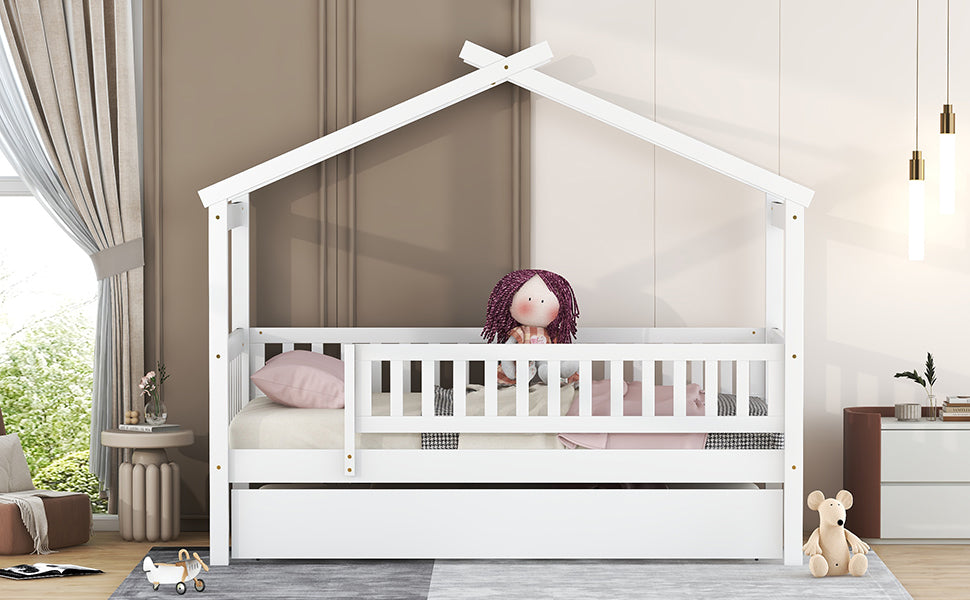 Twin size wooden house bed with trundle, solid wood frame, platform design, ideal for children&