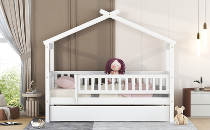 Twin size wooden house bed with trundle, solid wood frame, platform design, ideal for children&