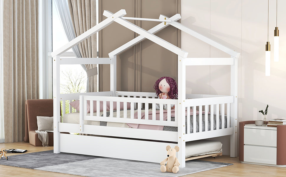 Twin size wooden house bed with trundle, solid wood frame and platform design, ideal for children&