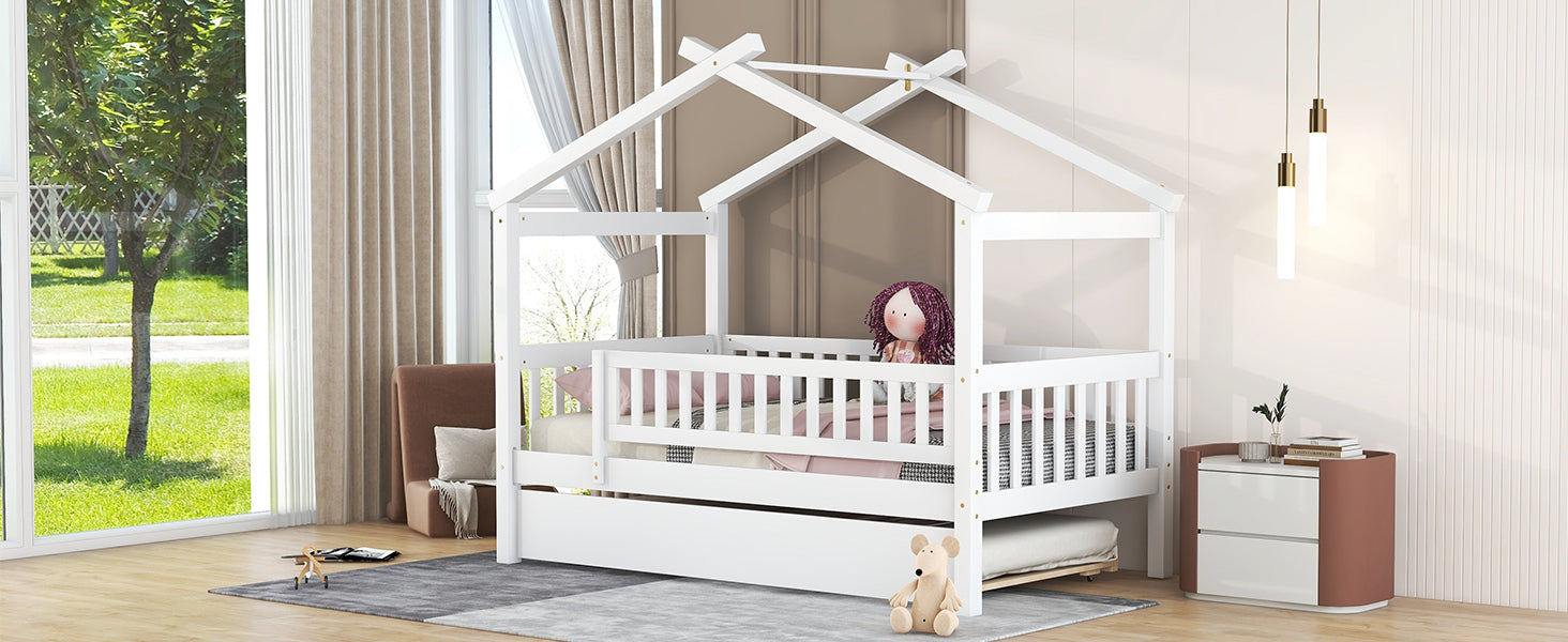 Twin size wooden house bed with trundle, solid wood frame, platform design, featuring a cozy house-shaped headboard and sturdy construction.