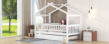 Twin size wooden house bed with trundle, solid wood frame, platform design, featuring a cozy house-shaped headboard and sturdy construction.