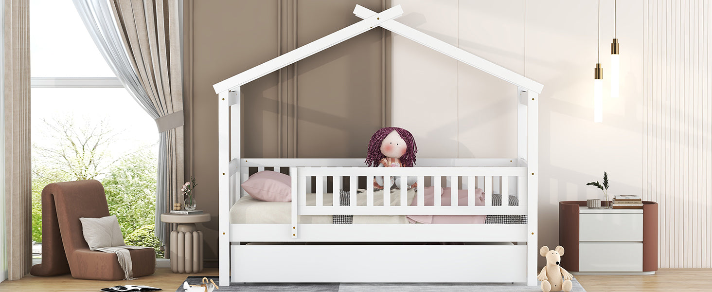 Twin size wooden house bed with trundle, solid wood frame and platform design, ideal for children&