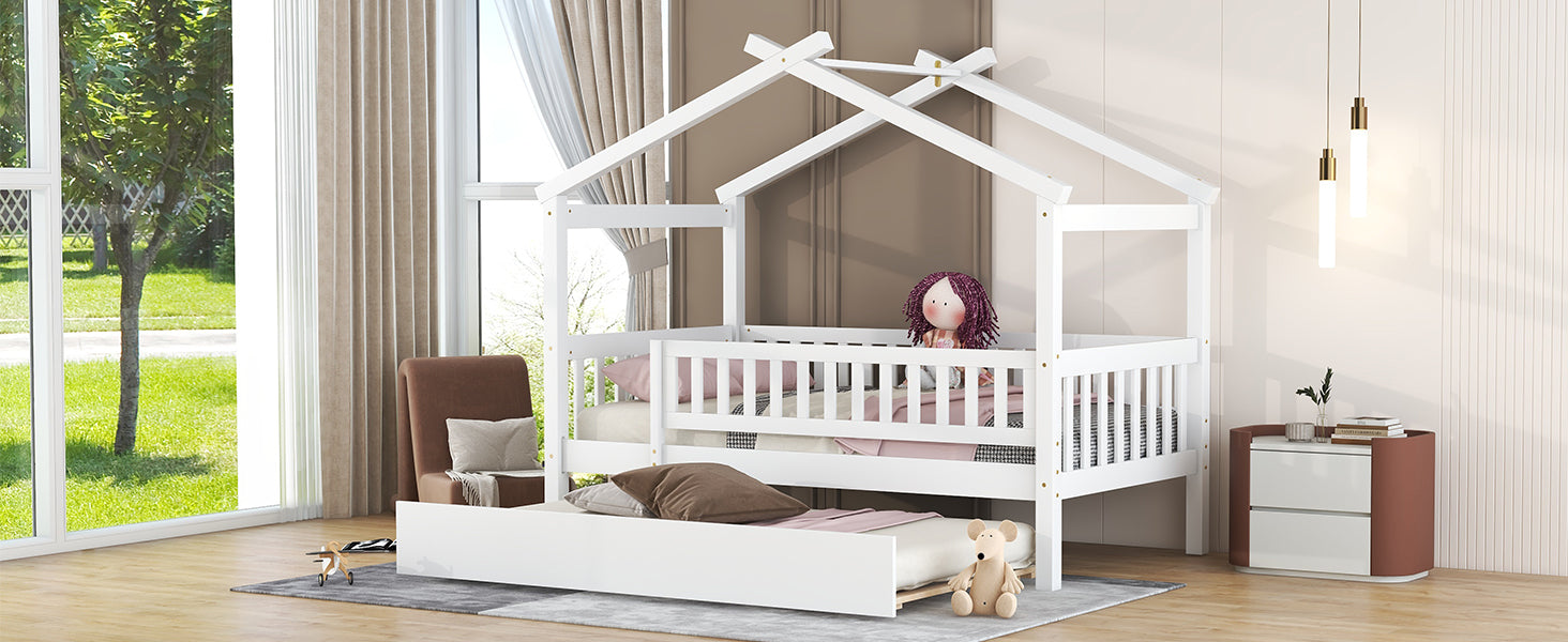 Twin size wooden house bed with trundle, solid wood frame, platform design, featuring a cozy house shape and sturdy construction.