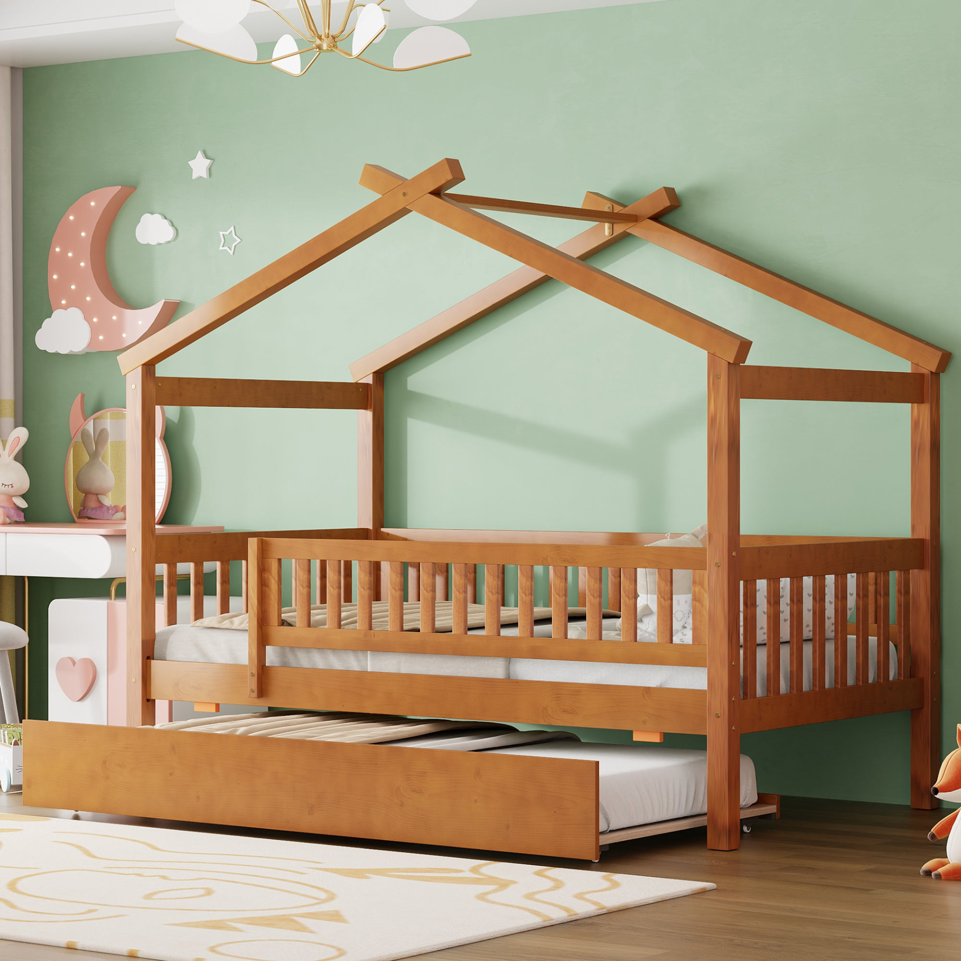 Twin size wooden house bed with trundle, solid wood frame, platform design, featuring a cozy house-shaped headboard and under-bed storage