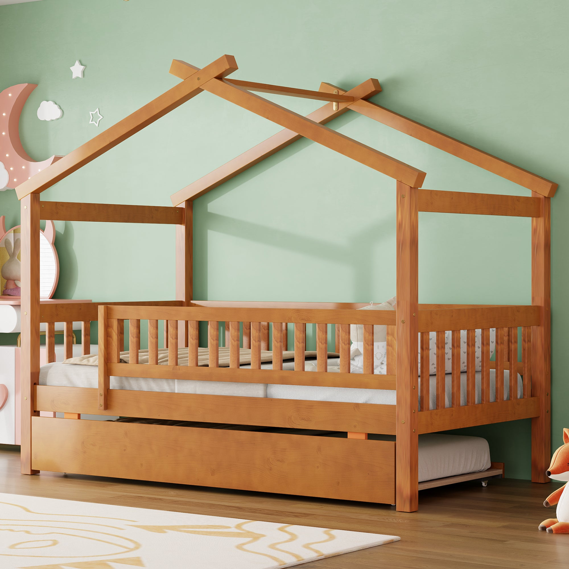 Twin size wooden house bed with trundle, solid wood frame, platform design, perfect for children&