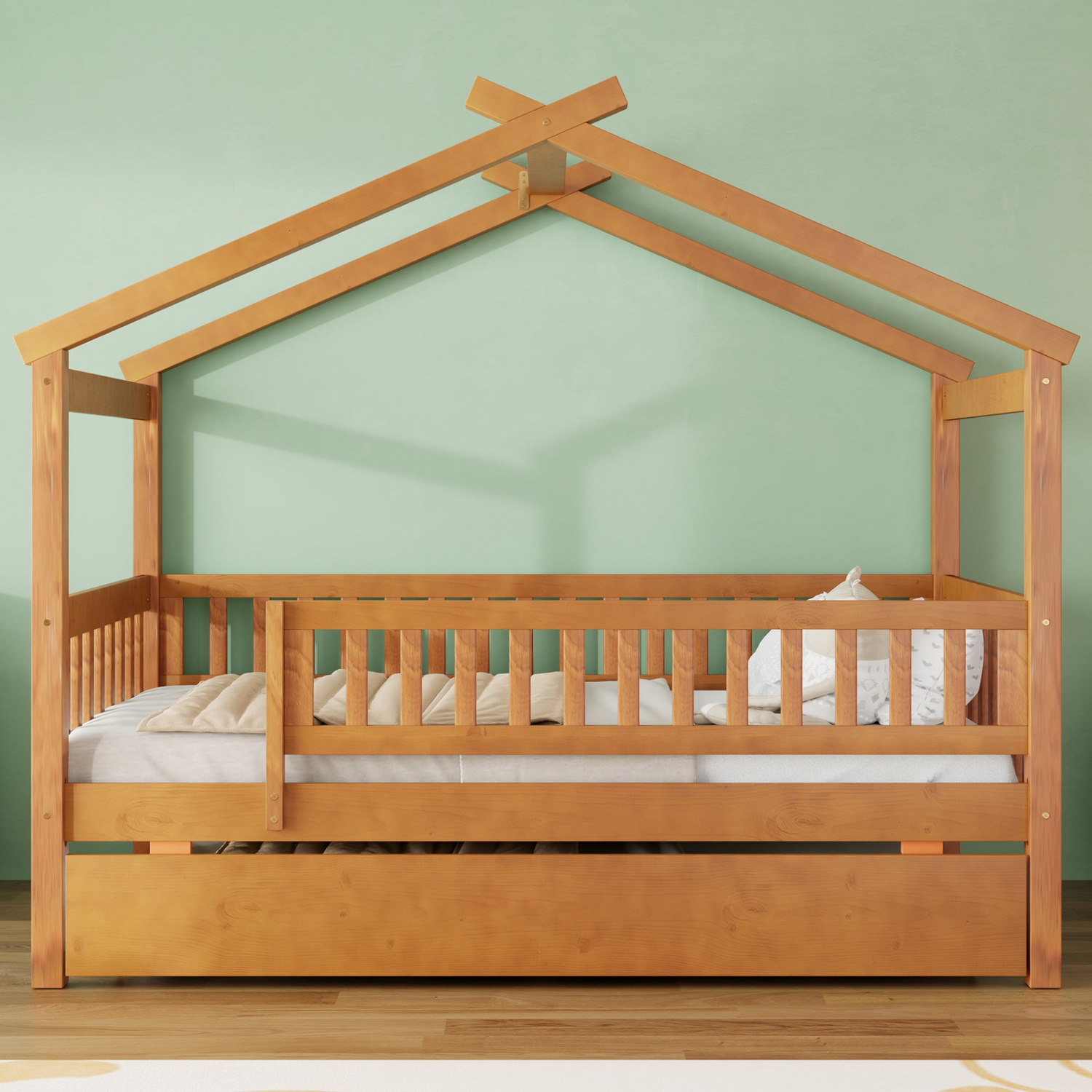 Twin size wooden house bed with trundle, solid wood frame, platform design, ideal for children&