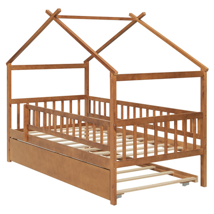 Twin size wooden house bed with trundle, solid wood frame and platform design, ideal for children&
