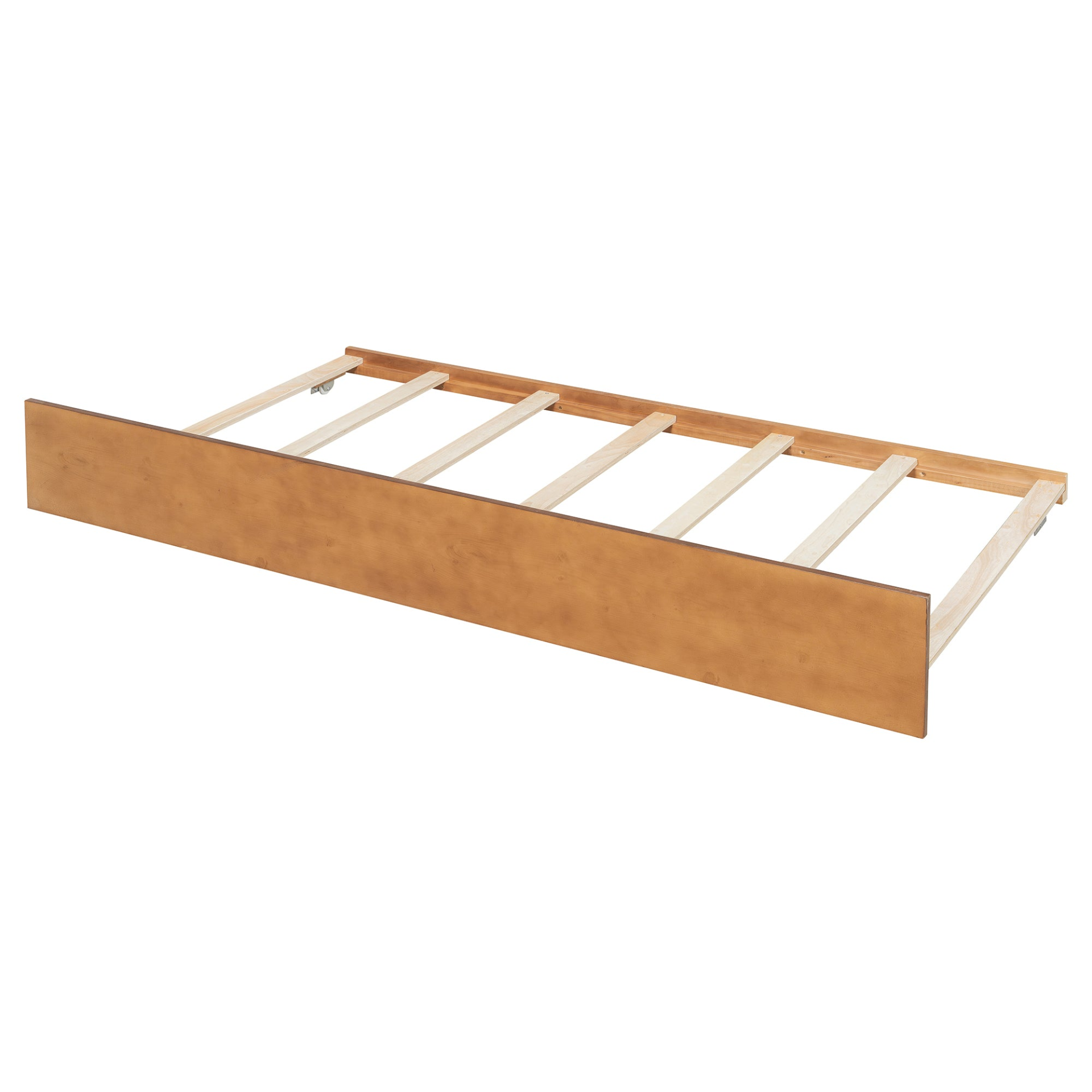 Twin size wooden house bed with trundle and solid wood frame, platform design, featuring a cozy house-shaped headboard and storage space