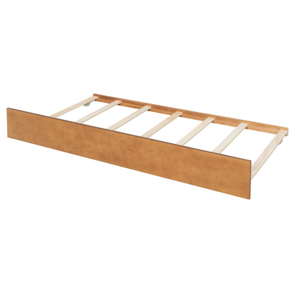Twin size wooden house bed with trundle and solid wood frame, platform design, featuring a cozy house-shaped headboard and storage space