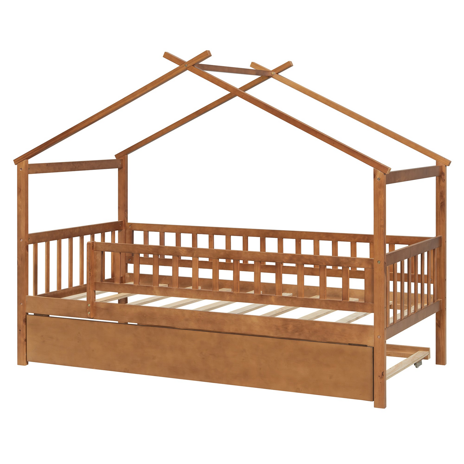 Twin size wooden house bed with trundle, solid wood frame, platform design, in natural wood finish, Ideal for children&