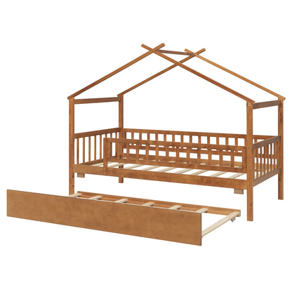Twin size wooden house bed with trundle, solid wood frame, platform design, ideal for children&