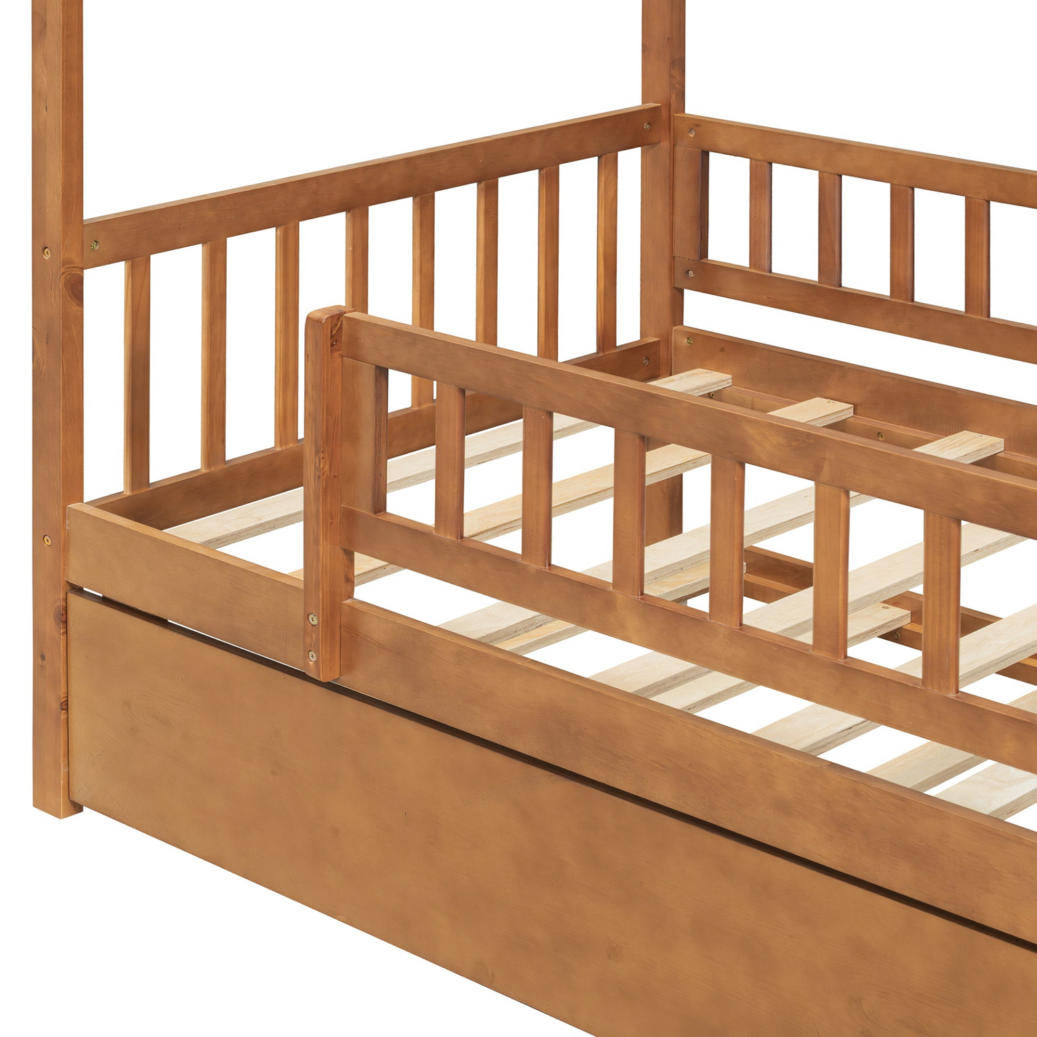 Twin size wooden house bed with trundle, solid wood frame, platform design, ideal for children&