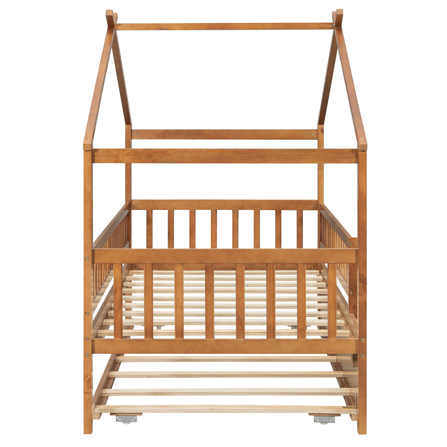 Twin size wooden house bed with trundle, solid wood frame and platform design, ideal for children&