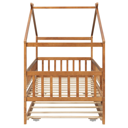 Twin size wooden house bed with trundle, solid wood frame and platform design, ideal for children&