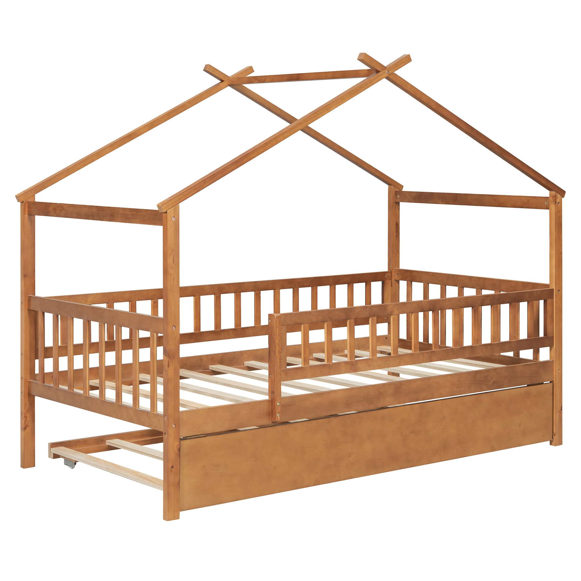 Twin size wooden house bed with trundle and solid wood frame, platform design, ideal for children&
