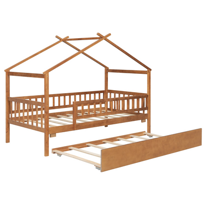 Twin size wooden house bed with trundle, solid wood frame, platform design, ideal for children&