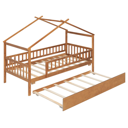Twin size wooden house bed with trundle, solid wood frame, platform design, featuring a cozy house-shaped headboard and storage space.