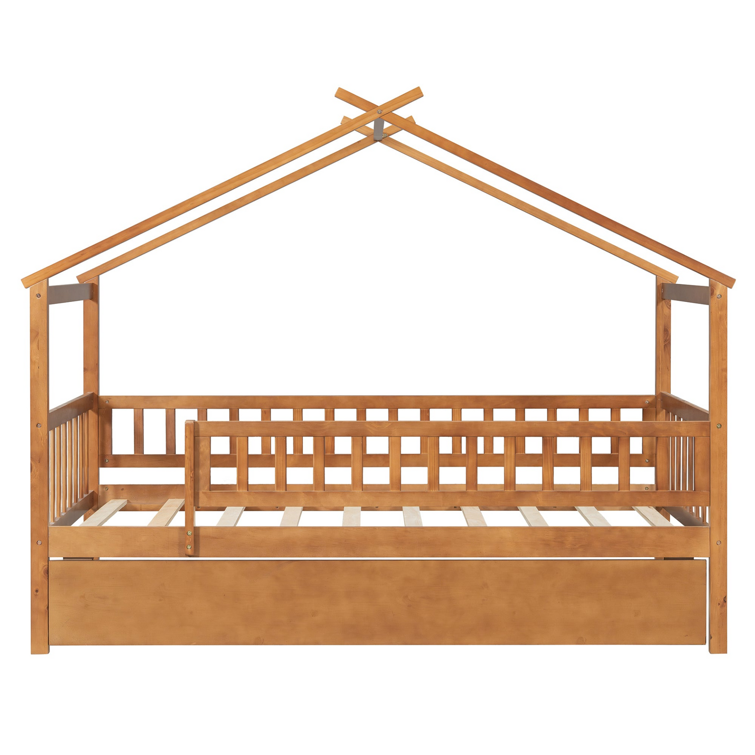 Twin size wooden house bed with trundle and solid wood frame, ideal for children&