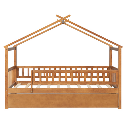 Twin size wooden house bed with trundle and solid wood frame, ideal for children&