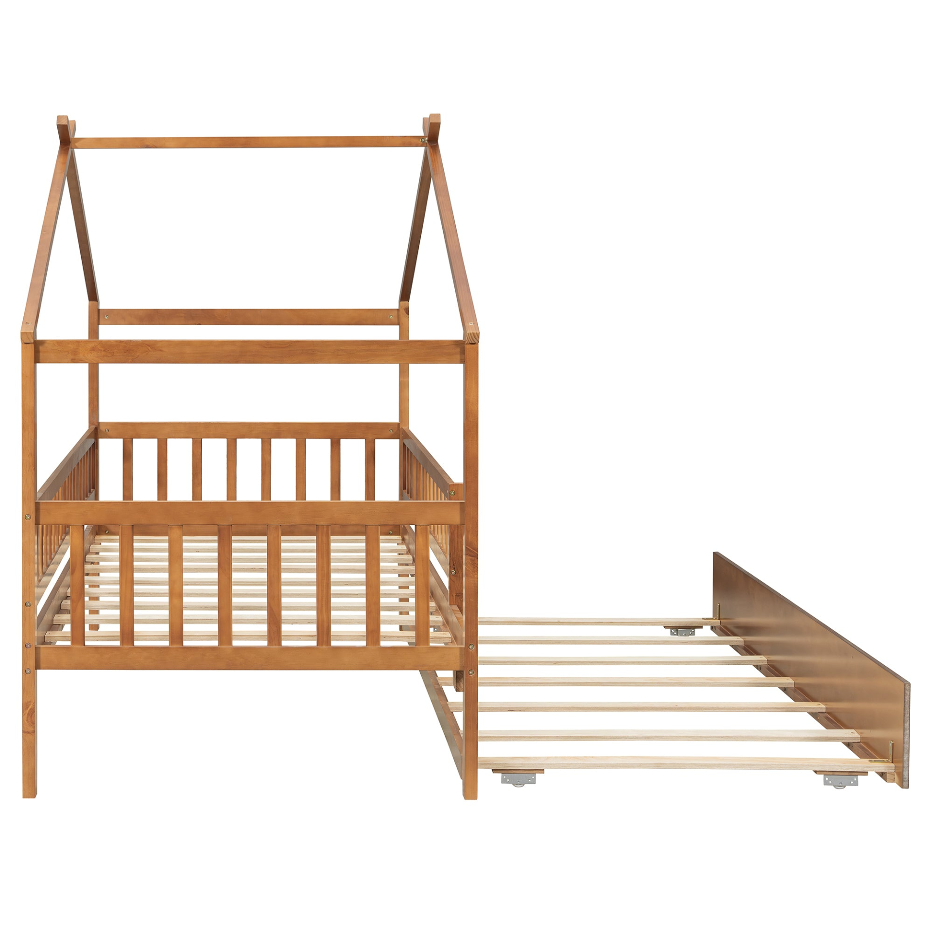 Twin size wooden house bed with trundle, solid wood frame, platform design, featuring a cozy house-shaped headboard and sturdy construction.