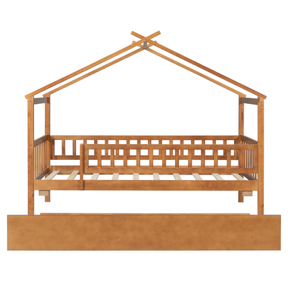 Twin size wooden house bed with trundle and solid wood frame, featuring a platform design suitable for children&