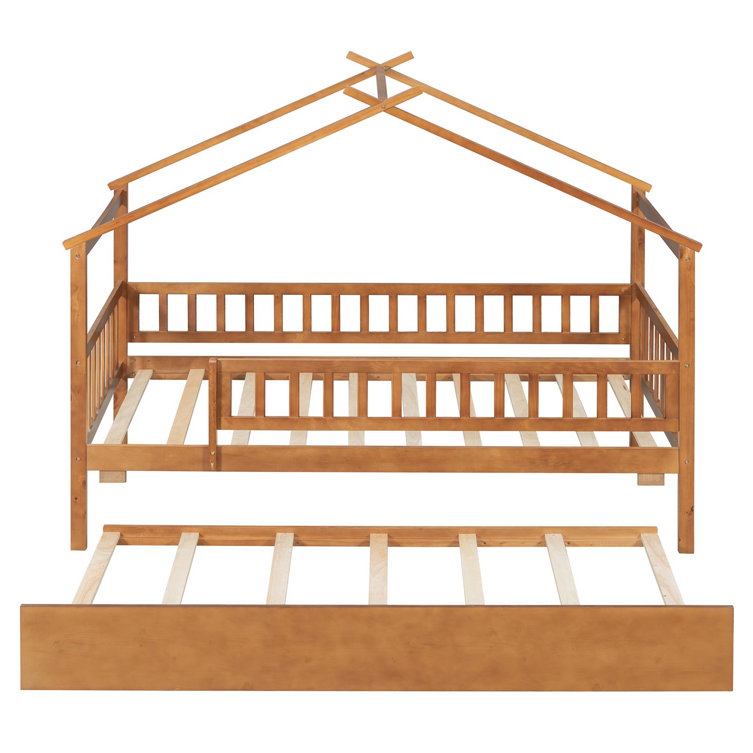 Twin size wooden house bed with trundle, solid wood frame, platform design, featuring a cozy house-shaped headboard and natural wood finish.