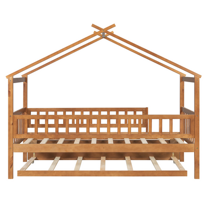 Twin size wooden house bed with trundle, solid wood frame and platform design, ideal for children&