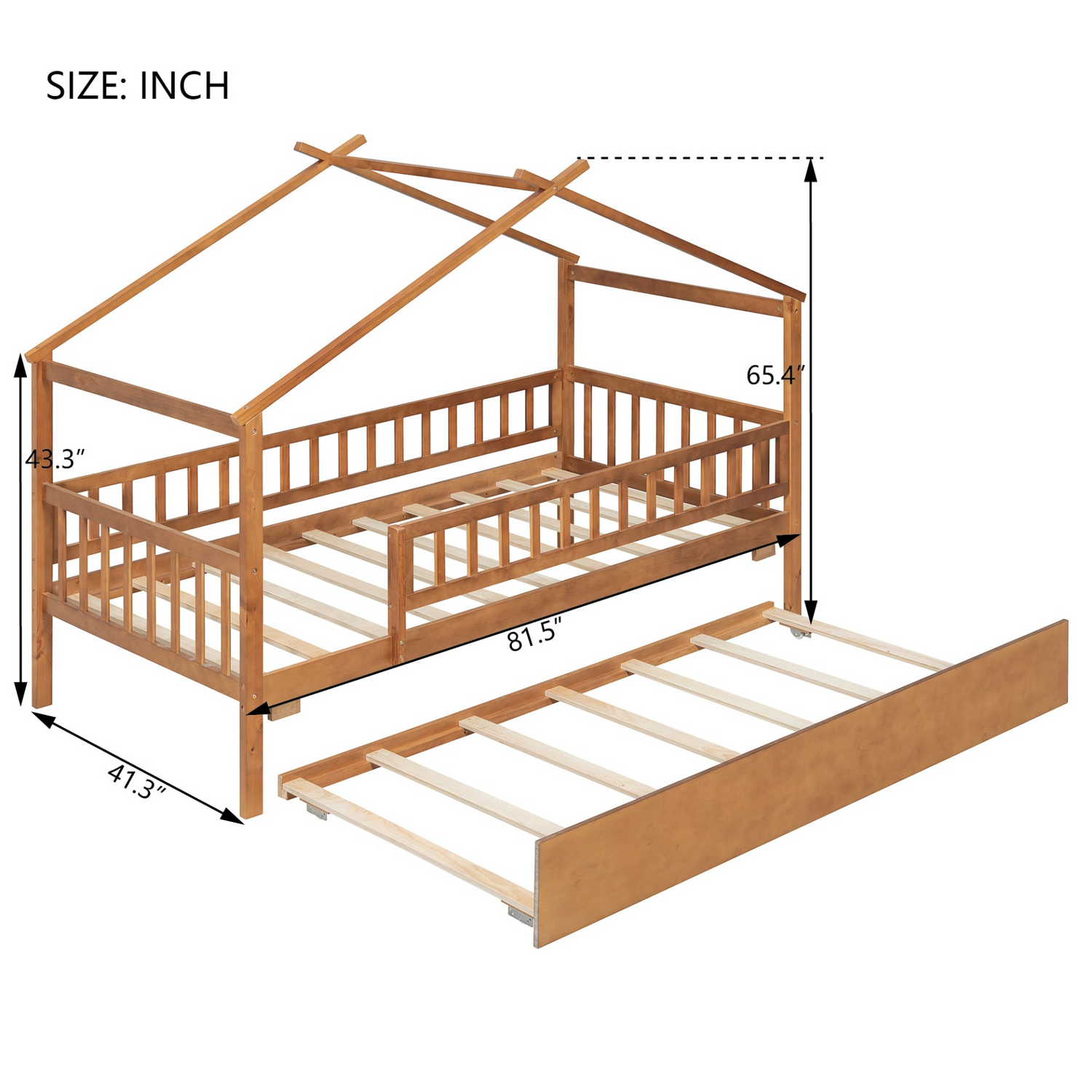 Twin size wooden house bed with trundle and solid wood frame, platform design, by Start2Finish, ideal for children&