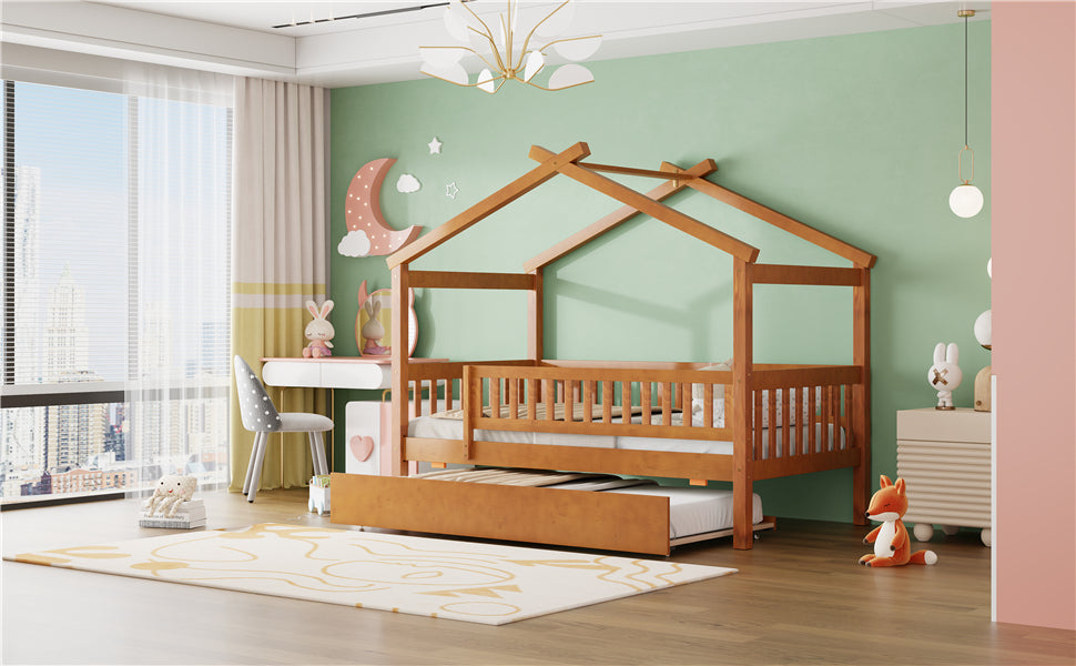 Twin size wooden house bed with trundle, solid wood frame, platform design, ideal for children&