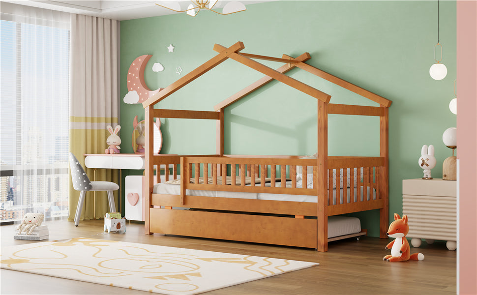 Twin size wooden house bed with trundle, solid wood frame, platform design, suitable for children’s bedroom furniture by Start2Finish.