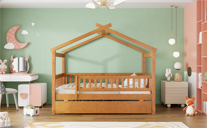 Twin size wooden house bed with trundle, solid wood frame, platform design, ideal for children&