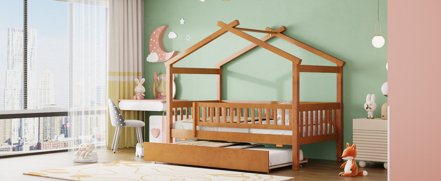 Twin size wooden house bed with trundle, solid wood frame, platform design, ideal for children&