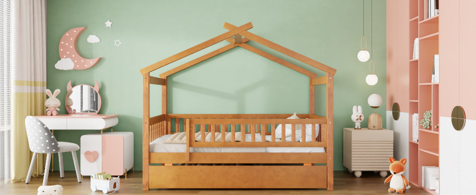 Twin size wooden house bed with trundle, solid wood frame, platform design, shown in a cozy bedroom setting.