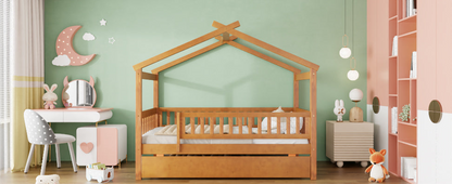 Twin size wooden house bed with trundle, solid wood frame, platform design, shown in a cozy bedroom setting.