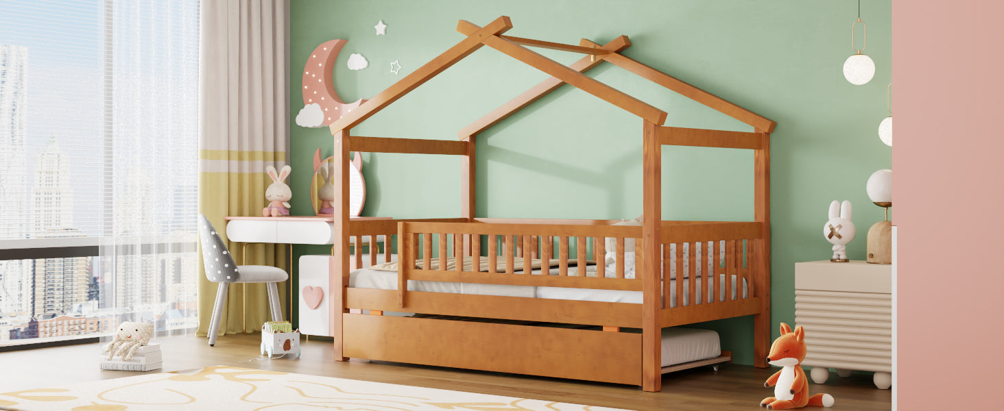 Twin size wooden house bed with trundle and solid wood frame, featuring a platform design for children&