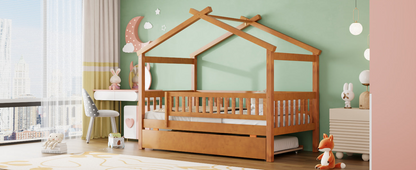 Twin size wooden house bed with trundle and solid wood frame, featuring a platform design for children&