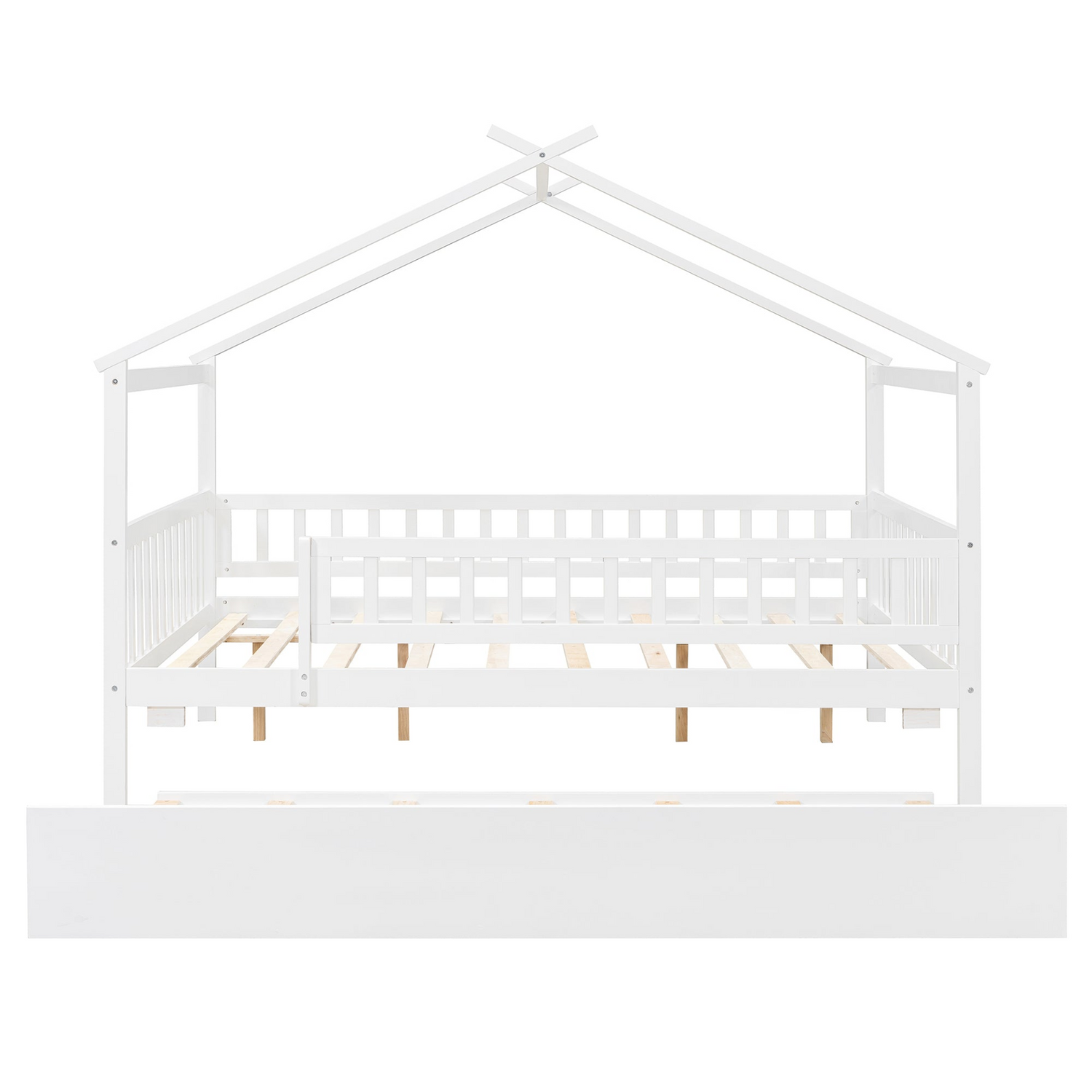 Wooden house-style bed frame with pull-out trundle drawer and slatted support by Start2Finish, shown in a cozy bedroom setting.