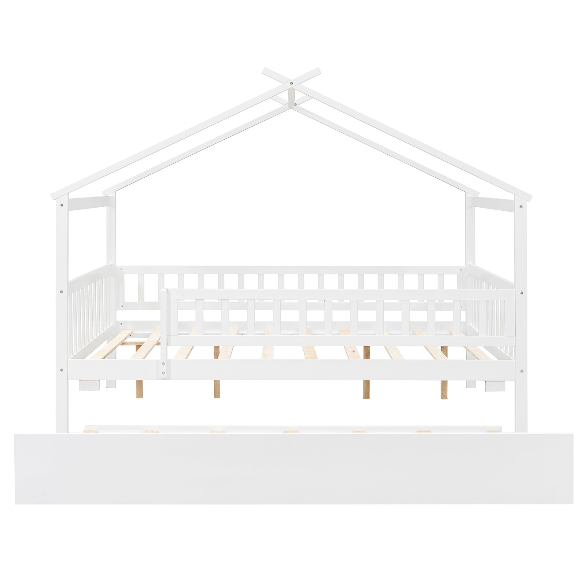 Wooden house-style bed frame with pull-out trundle drawer and slatted support by Start2Finish, shown in a cozy bedroom setting.
