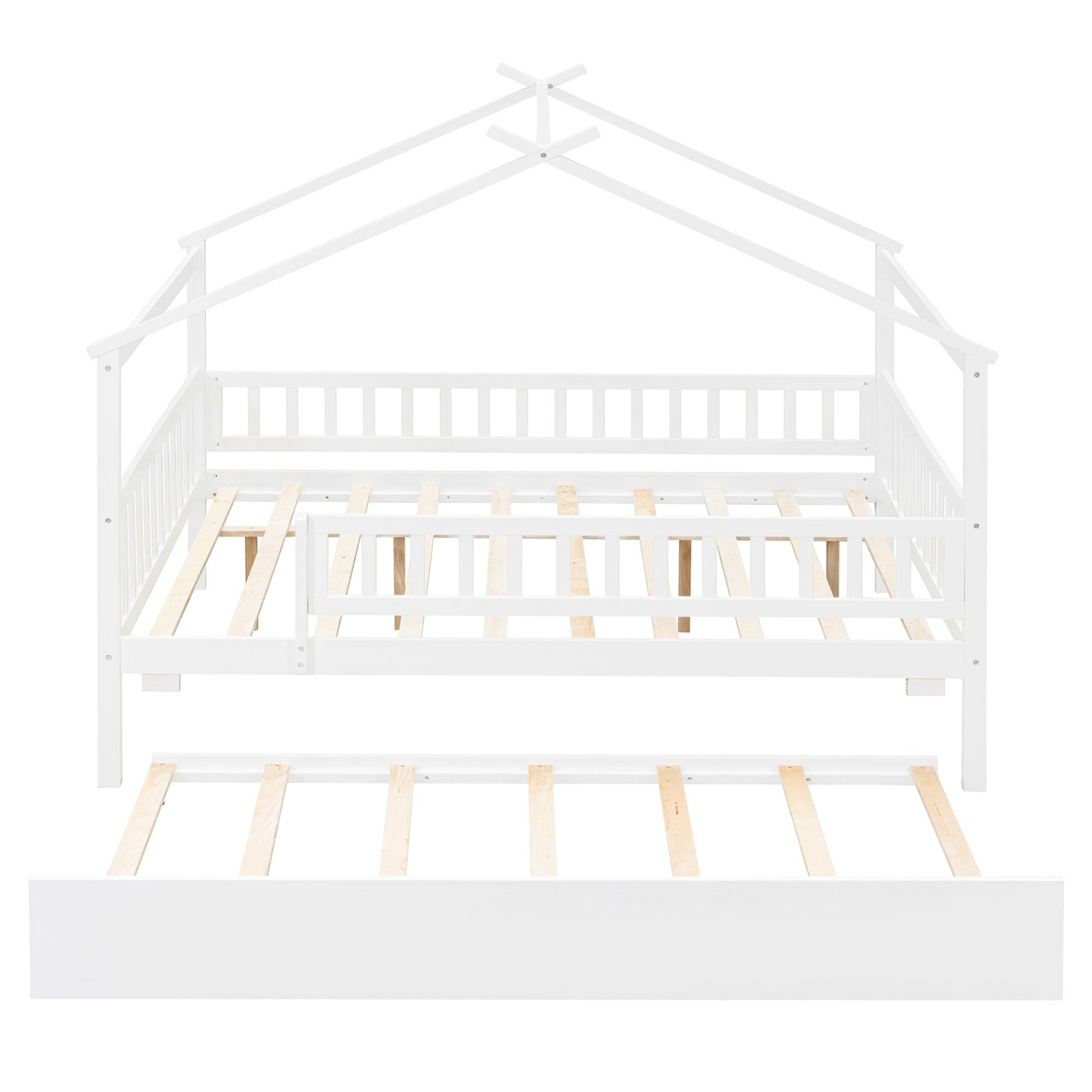 Wooden house-style bed frame with pull-out trundle drawer and slatted support, by Start2Finish, shown in a cozy bedroom setting.