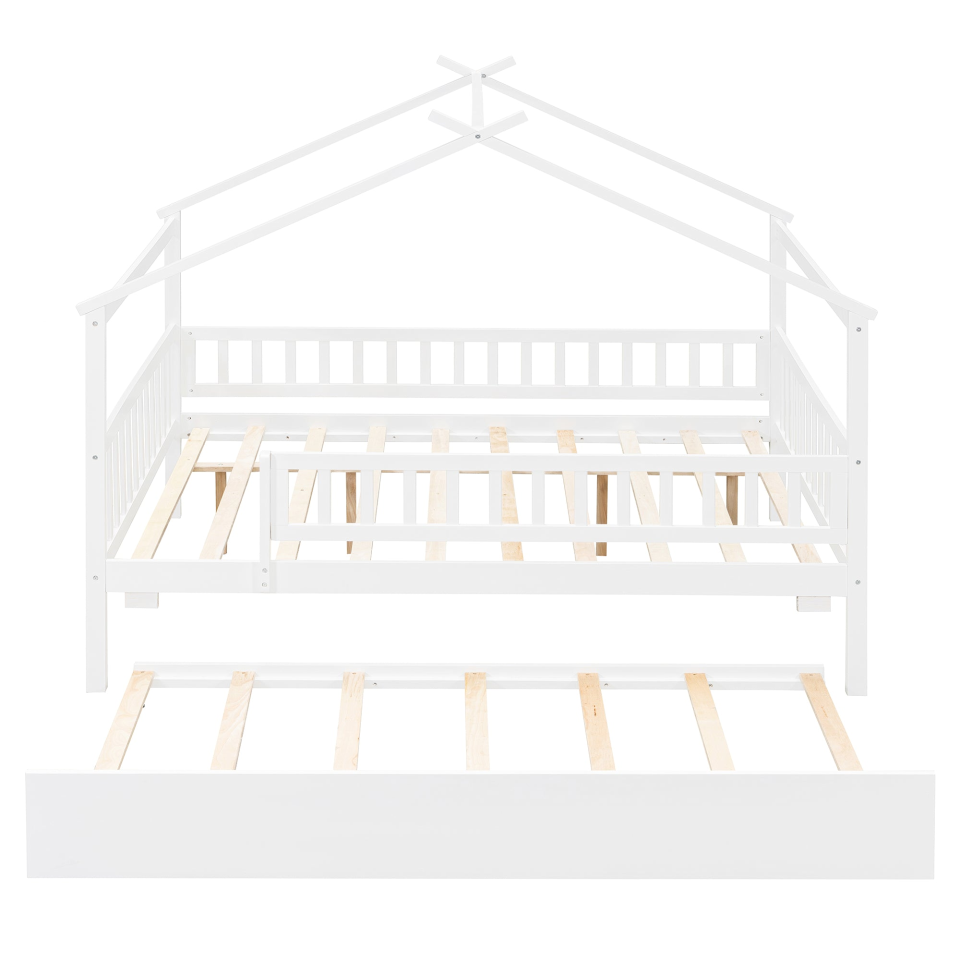 Wooden house-style bed frame with pull-out trundle drawer and slatted support, by Start2Finish, shown in a cozy bedroom setting.
