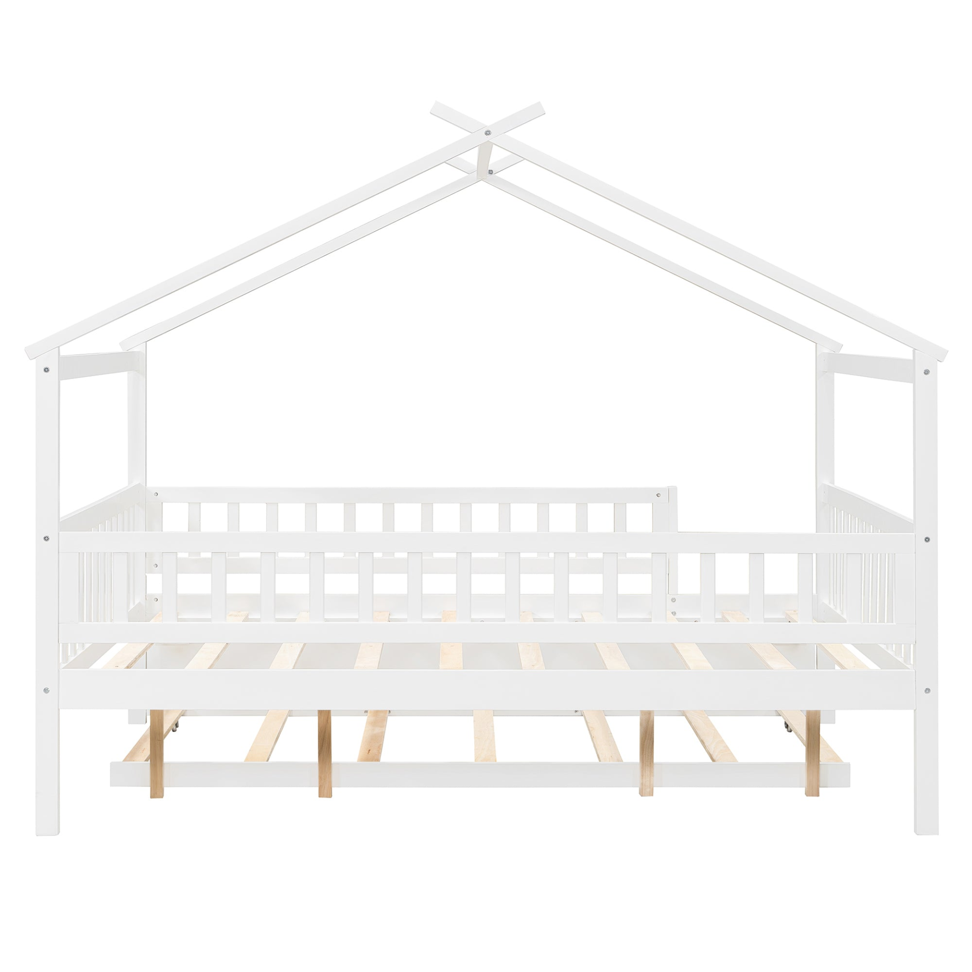 Wooden house-style bed frame with pull-out trundle drawer and slatted support from Start2Finish, showcasing the bed&