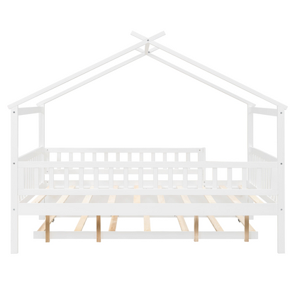 Wooden house-style bed frame with pull-out trundle drawer and slatted support from Start2Finish, showcasing the bed&