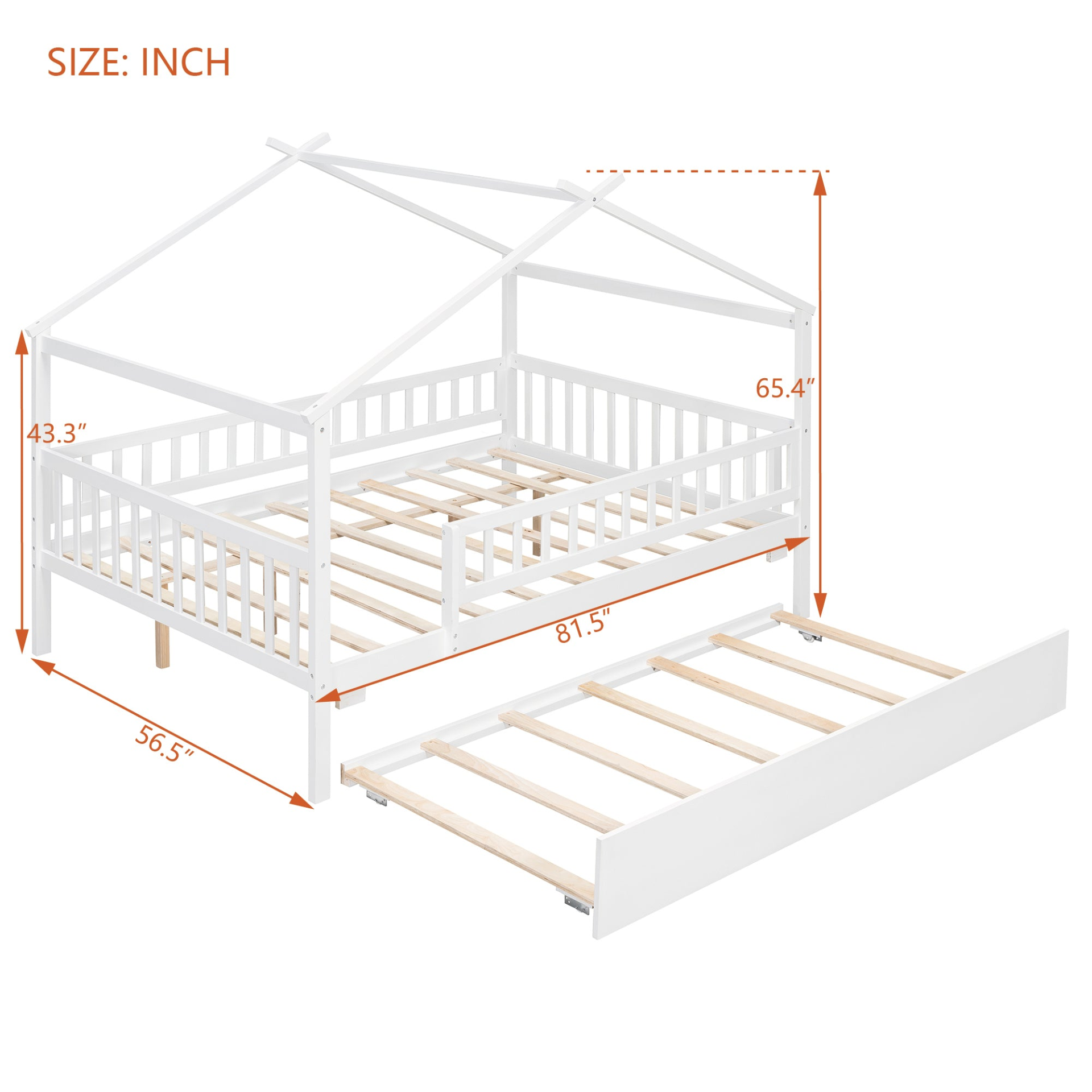 Wooden house-style bed frame with pull-out trundle drawer and slatted support, by Start2Finish, shown with mattress and bedding.