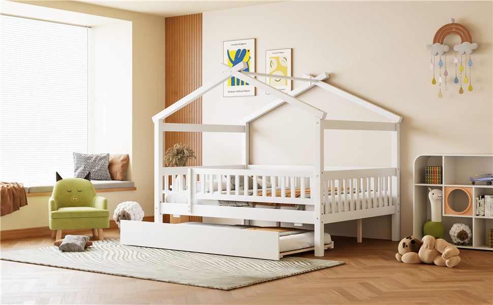 Wooden house-style bed frame with pull-out trundle drawer and slatted support, by Start2Finish.